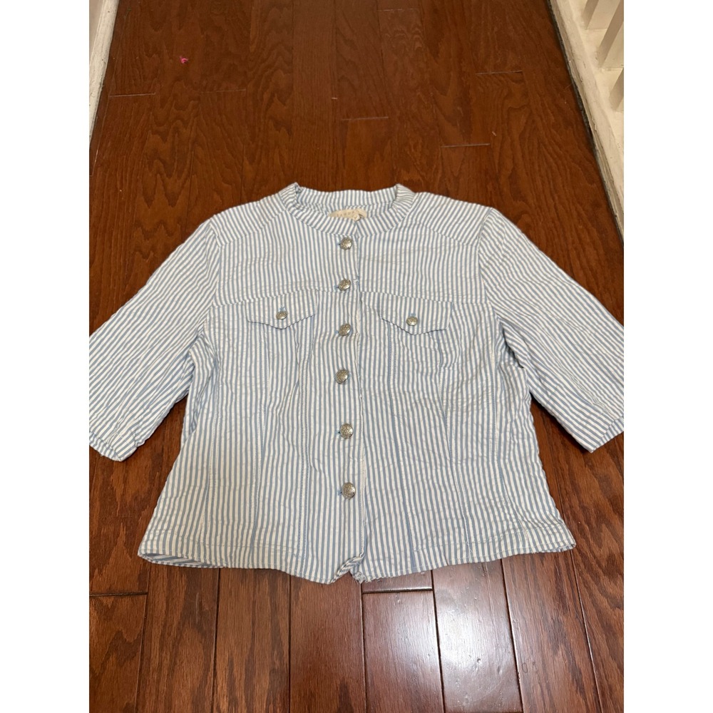 Sandro Blue White Striped Cotton Button‎ Up Jacket Silver Crest Buttons Womens M